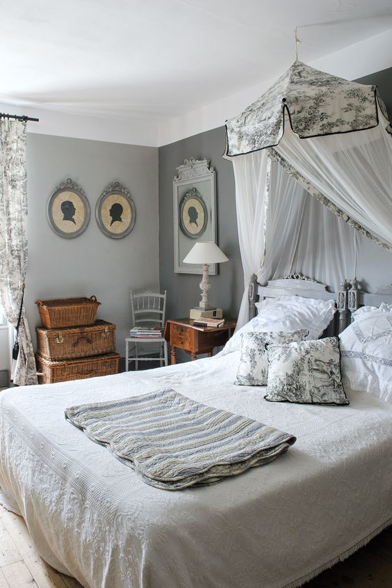 French Linen Wallpaper 40 French Country Bedrooms To Make You Swoon   French Country Bedroom With Gray And White Decor Via Victoria Mag 