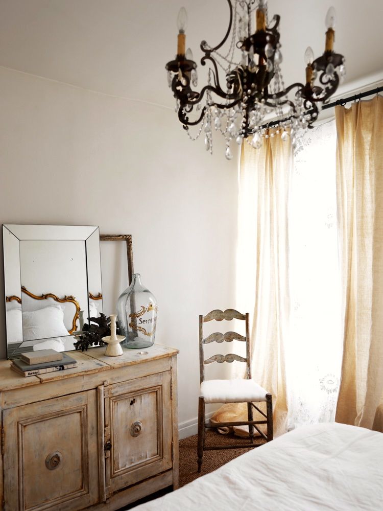 French country bedroom with Rustic Wood Side Cabinet via Marianne Tiegen