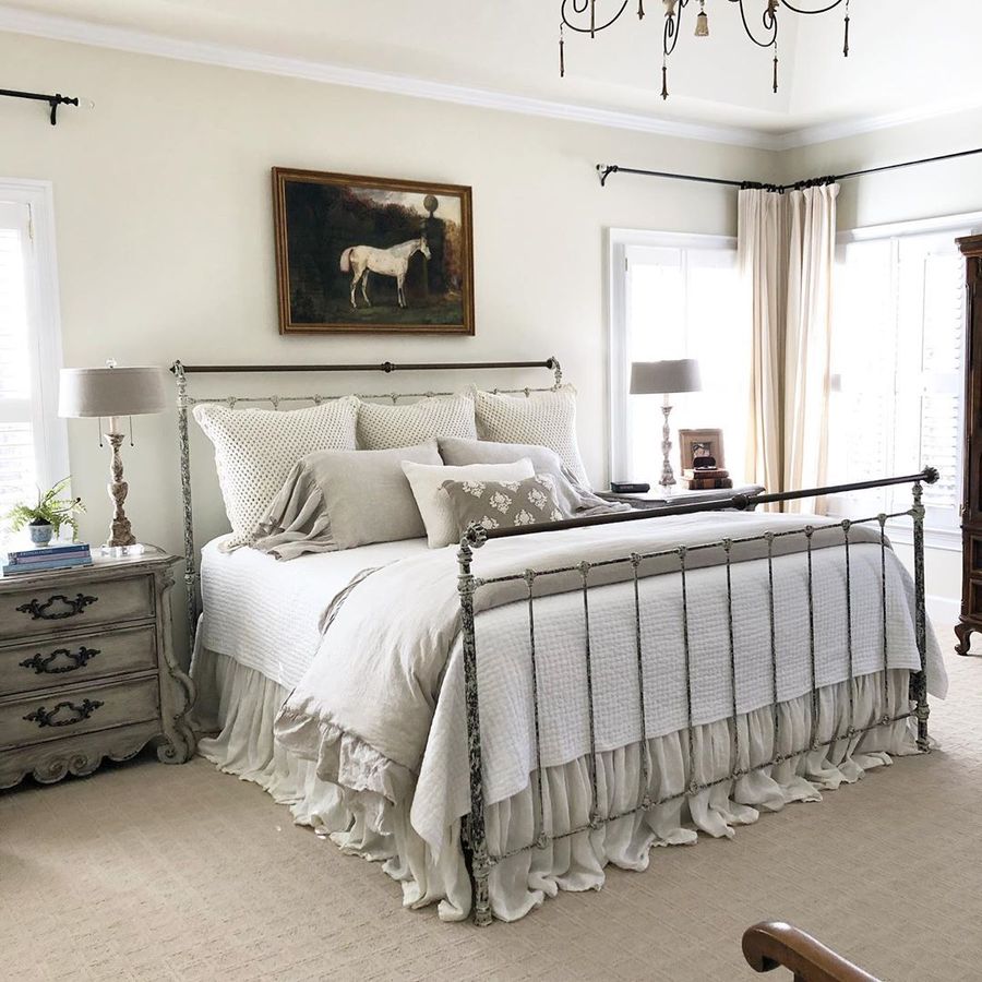 Gray linen bed sheets in French Country Bedroom via @savvysouthernstyle