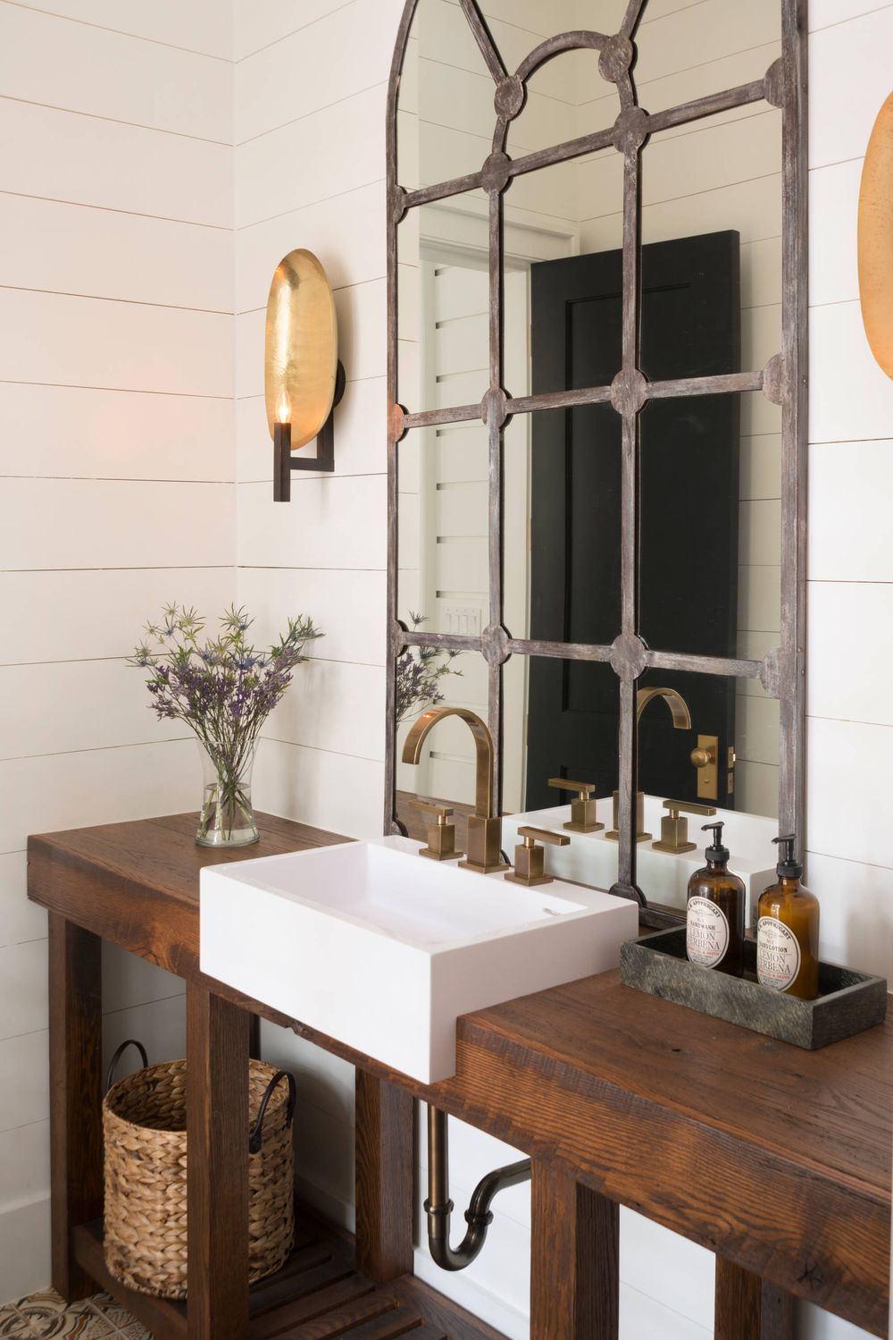 Metal Industrial Mirror above Bathroom Drop-in Sink and Wood Counter via Arlene Williams