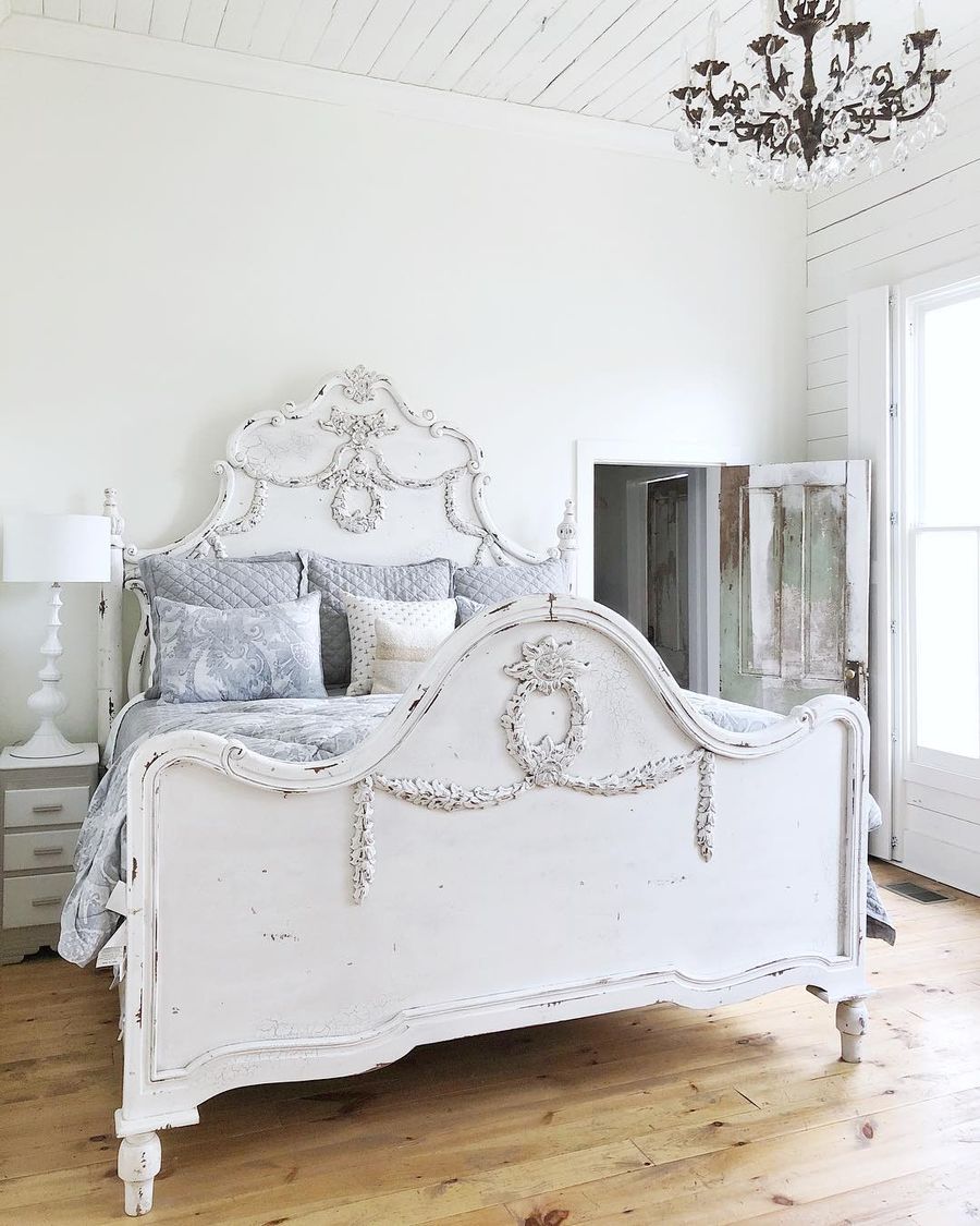 Rustic white wood bed French Country Bedroom via @themorrowhouse