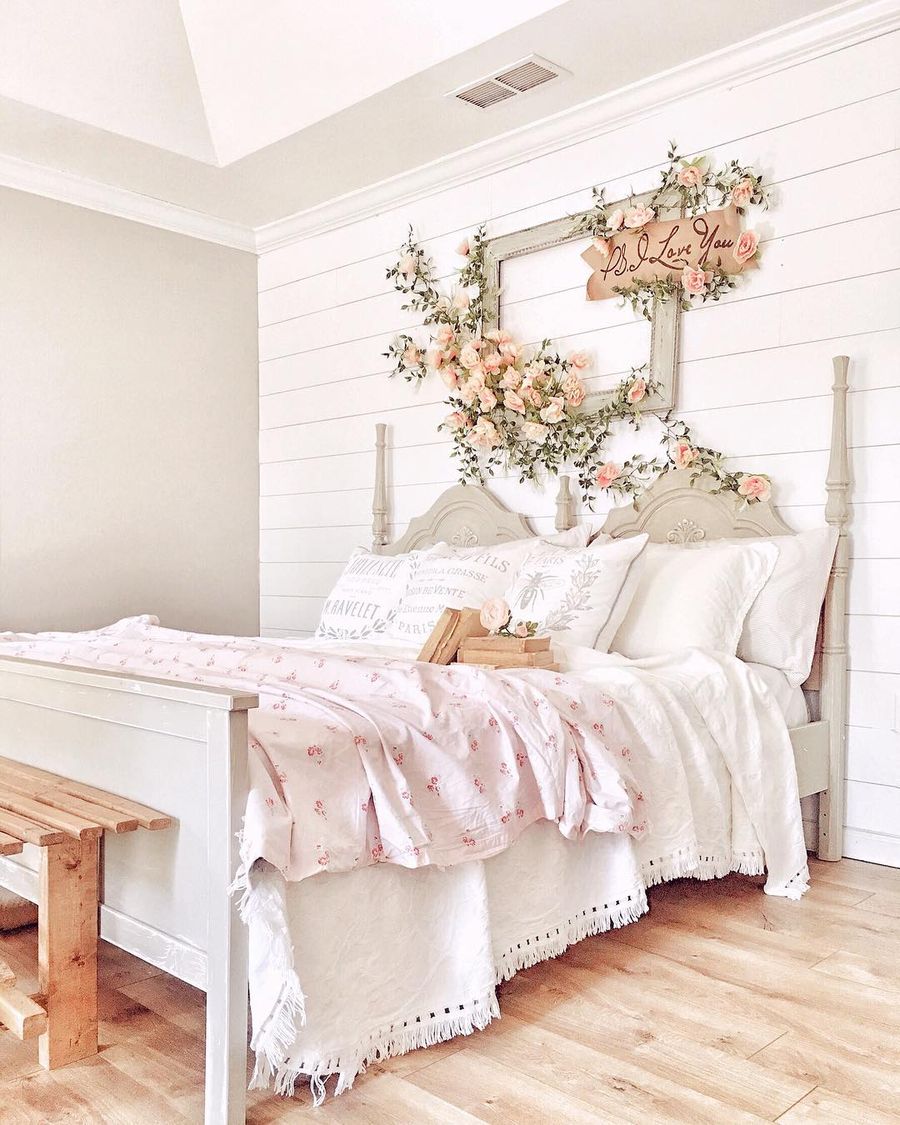 Shiplap walls and faux florals in French Country Bedroom via @laureltrace