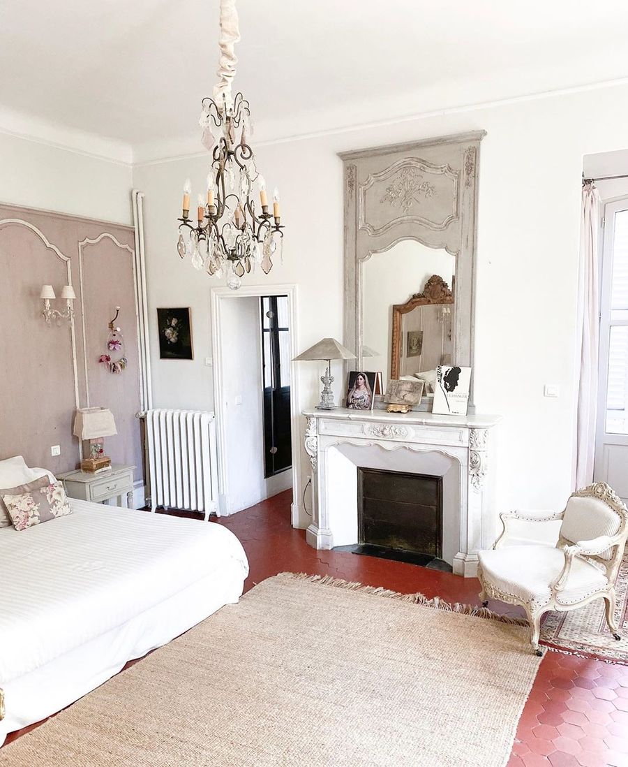 White fireplace mantel in French Country Bedroom via @frenchlarkspur