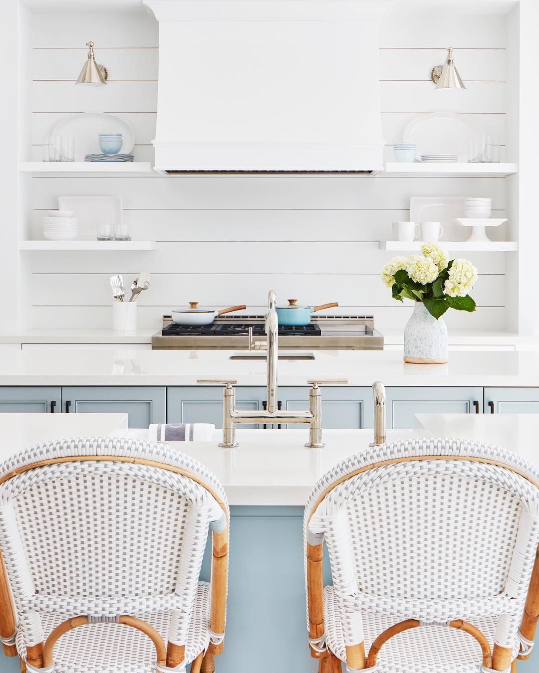 Coastal Kitchen with Bistro Counter Chairs and White Shiplap Backsplash via @karahebertinteriors