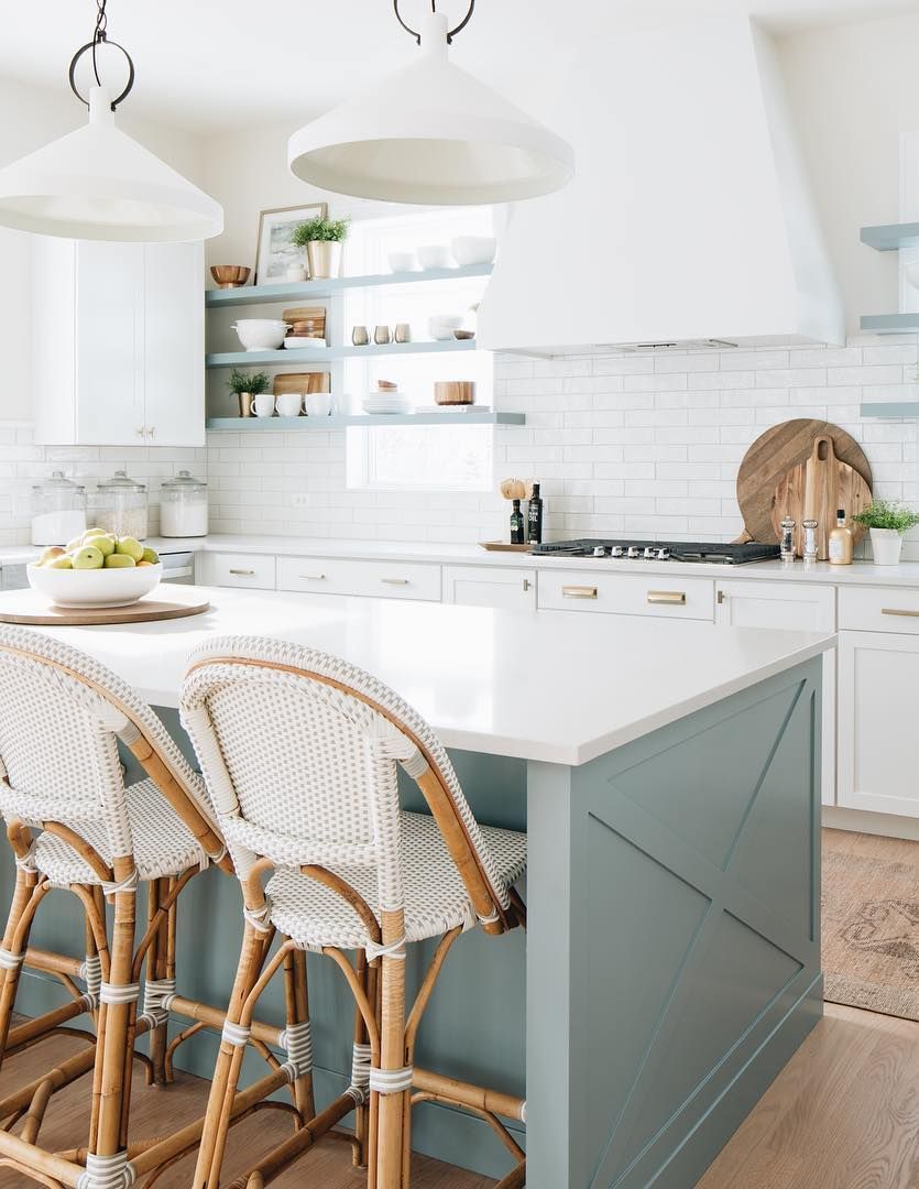 Coastal Kitchen With Blue Open Shelving Via @timbertrailshomes 