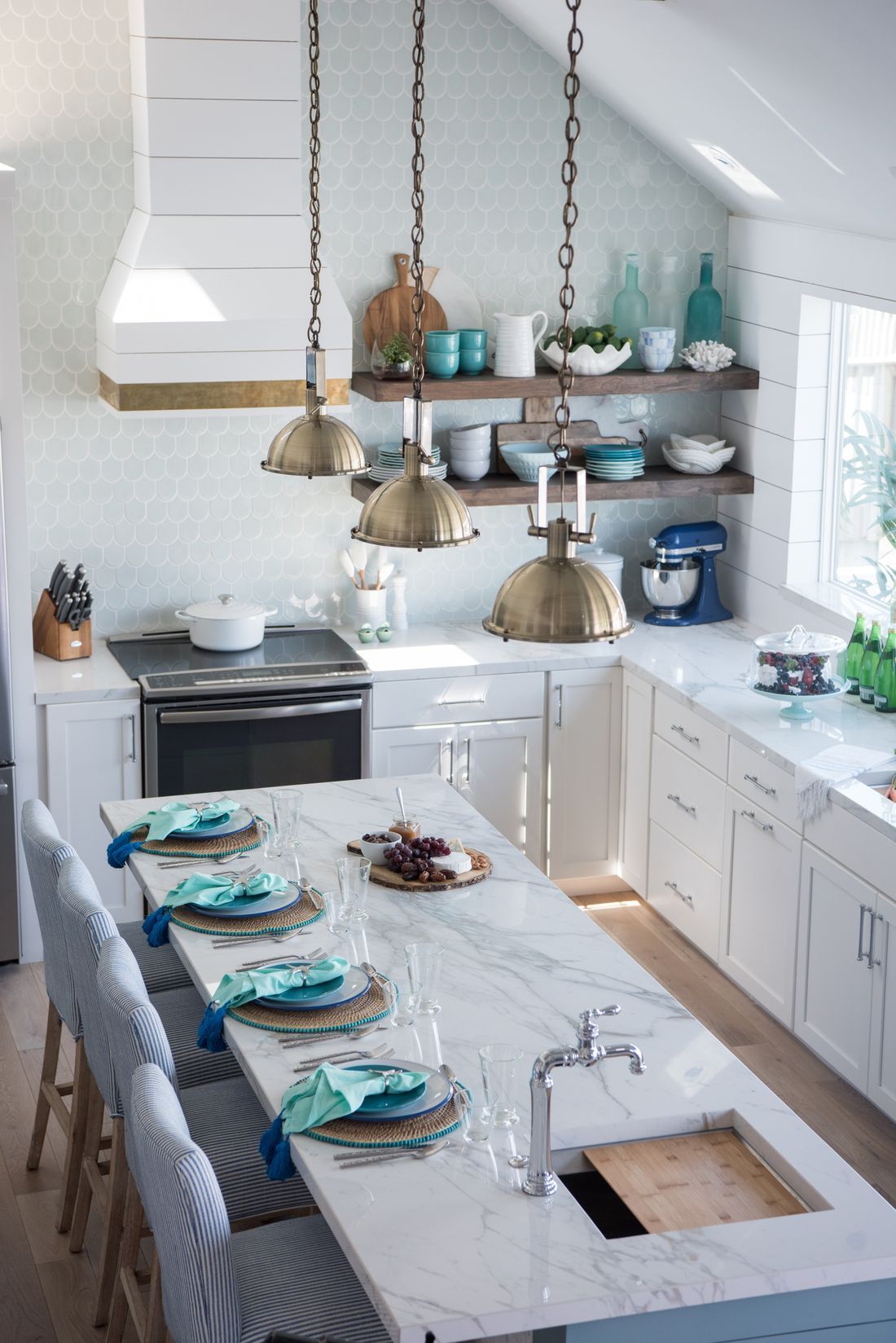 Coastal Kitchens with Fish Scale Tiles via Beth Lindsey Interior Design