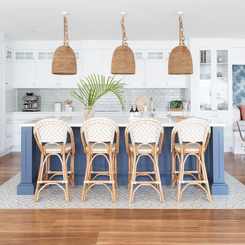 Coastal Kitchens with Rattan Pendant Lights and Palm Decor via @donna_guyler_design