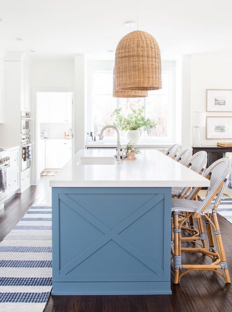 Coastal Kitchen With Sea Blue Kitchen Island Stripe Rug And French Bistro Counter Chairs Via @lifeonvirginiastreet 768x1034 