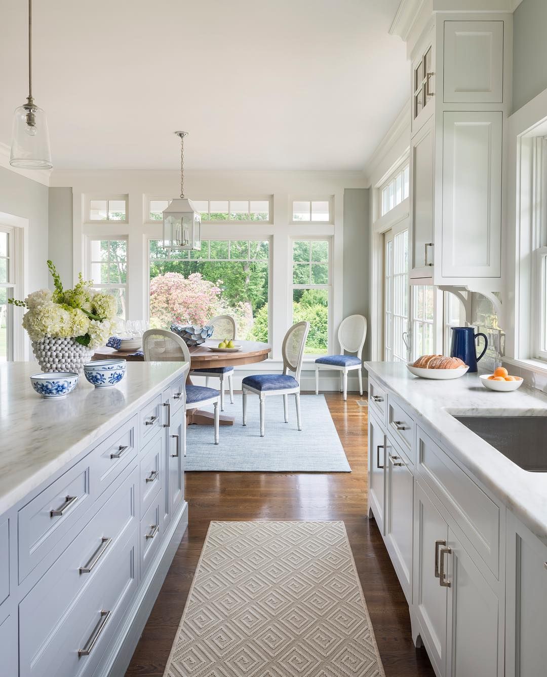 Traditional Coastal Kitchen design with Soft Blue Gray Cabinet Color via @digsdesignco