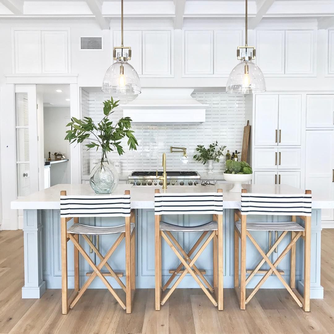 Coastal Kitchen With Striped Folding Beach Counter Chairs Via @agk Designstudio 