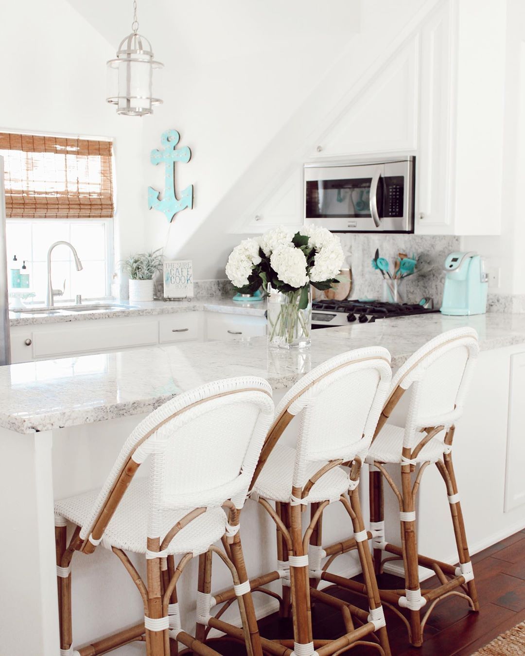 Coastal Kitchens with White Bistro Counter chairs via @breezydesigns