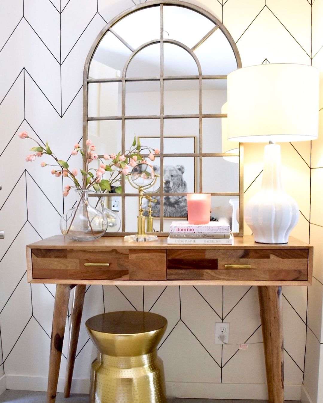 Glam Entryway with Gold Garden Stool via @homeandfabulous