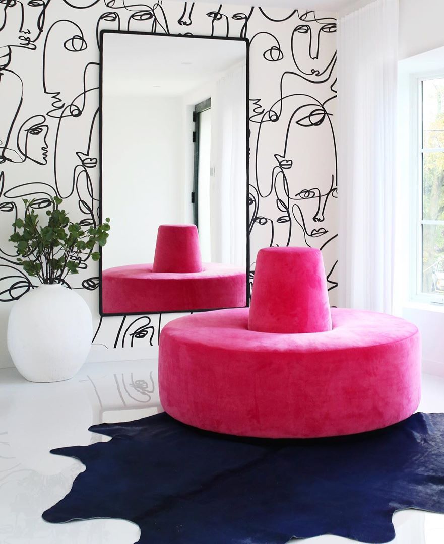 Glam Entryway with Hot Pink Round Bench via Ali Budd Interiors