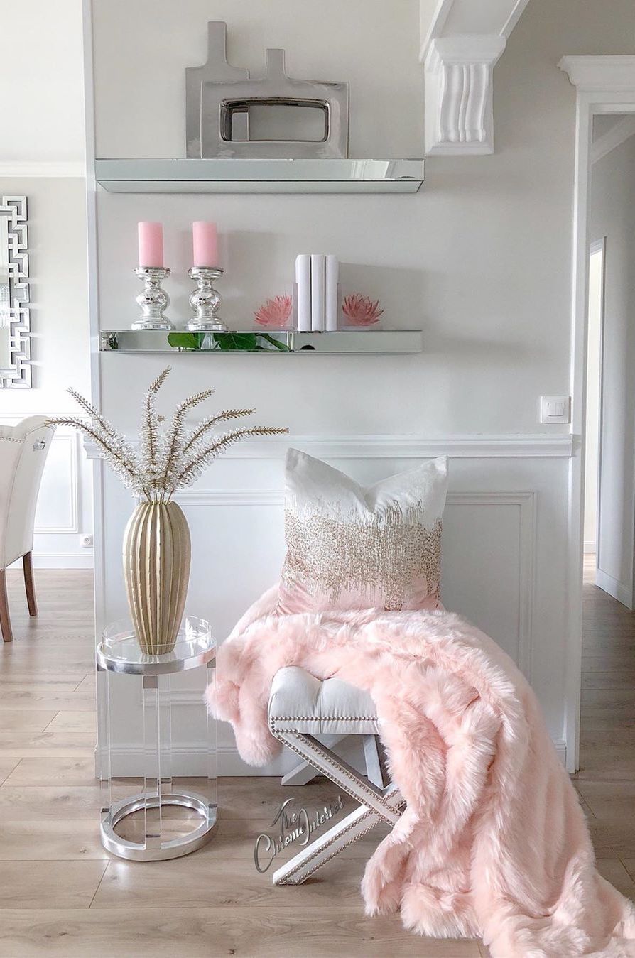 Glam Entryway with Mirrored Floating Shelves via @thechromeinterior