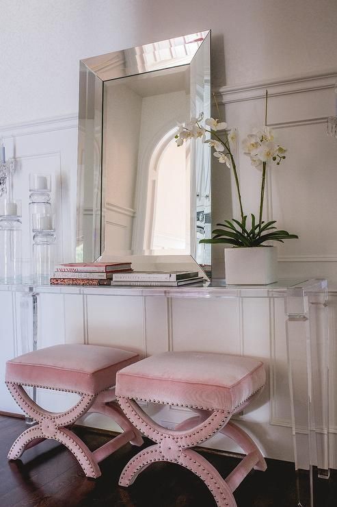 Glam Entryway with Pink Velvet Stools via Nolen Homes