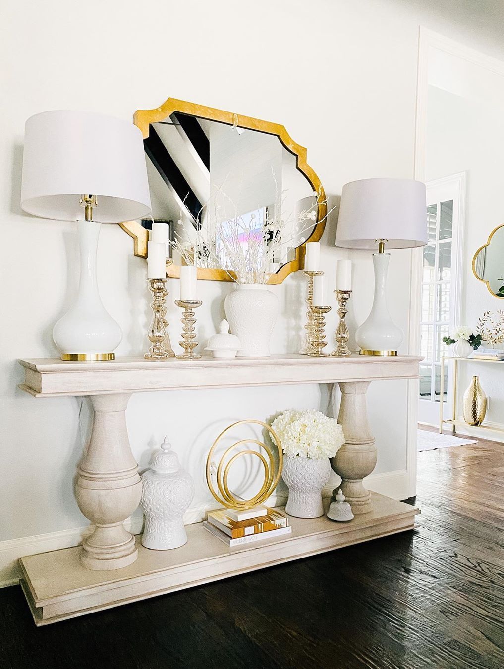 Glam Entryway with Wood Console Table and Metallic Accents via @shannongolddesign