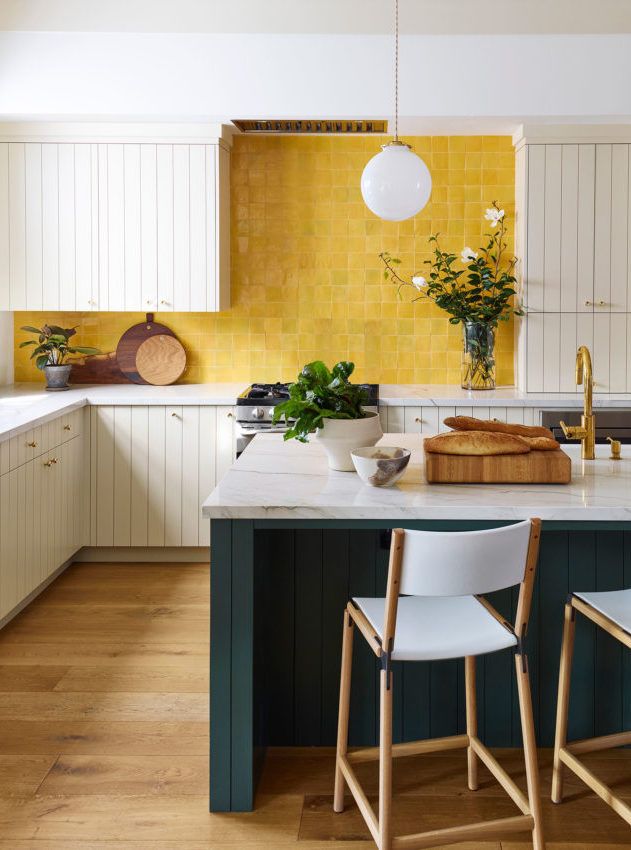 Yellow Zellige Tile Kitchen Backsplash via Landed Interiors