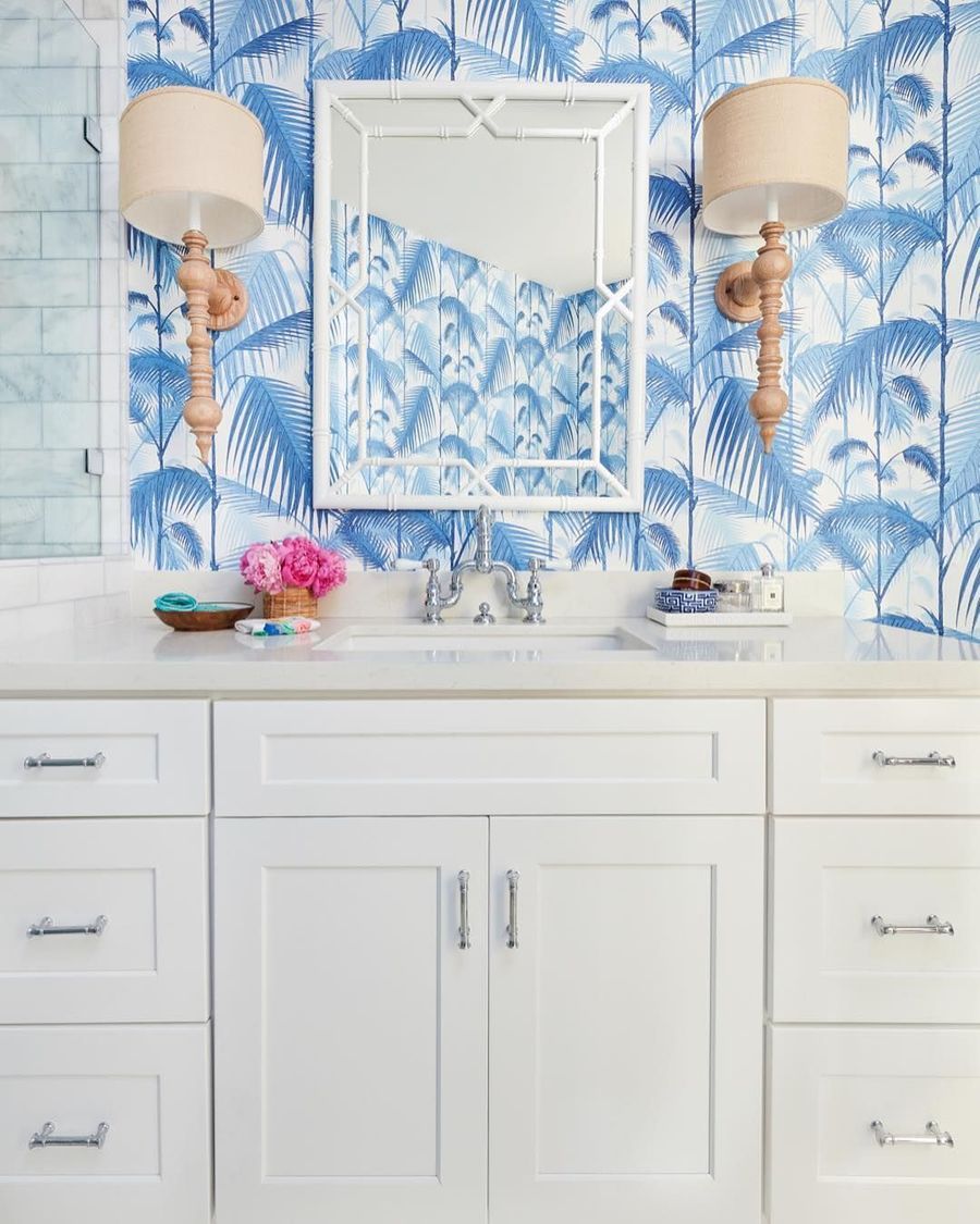Coastal Bathroom with Blue Palm Wallpaper via @karahebertinteriors