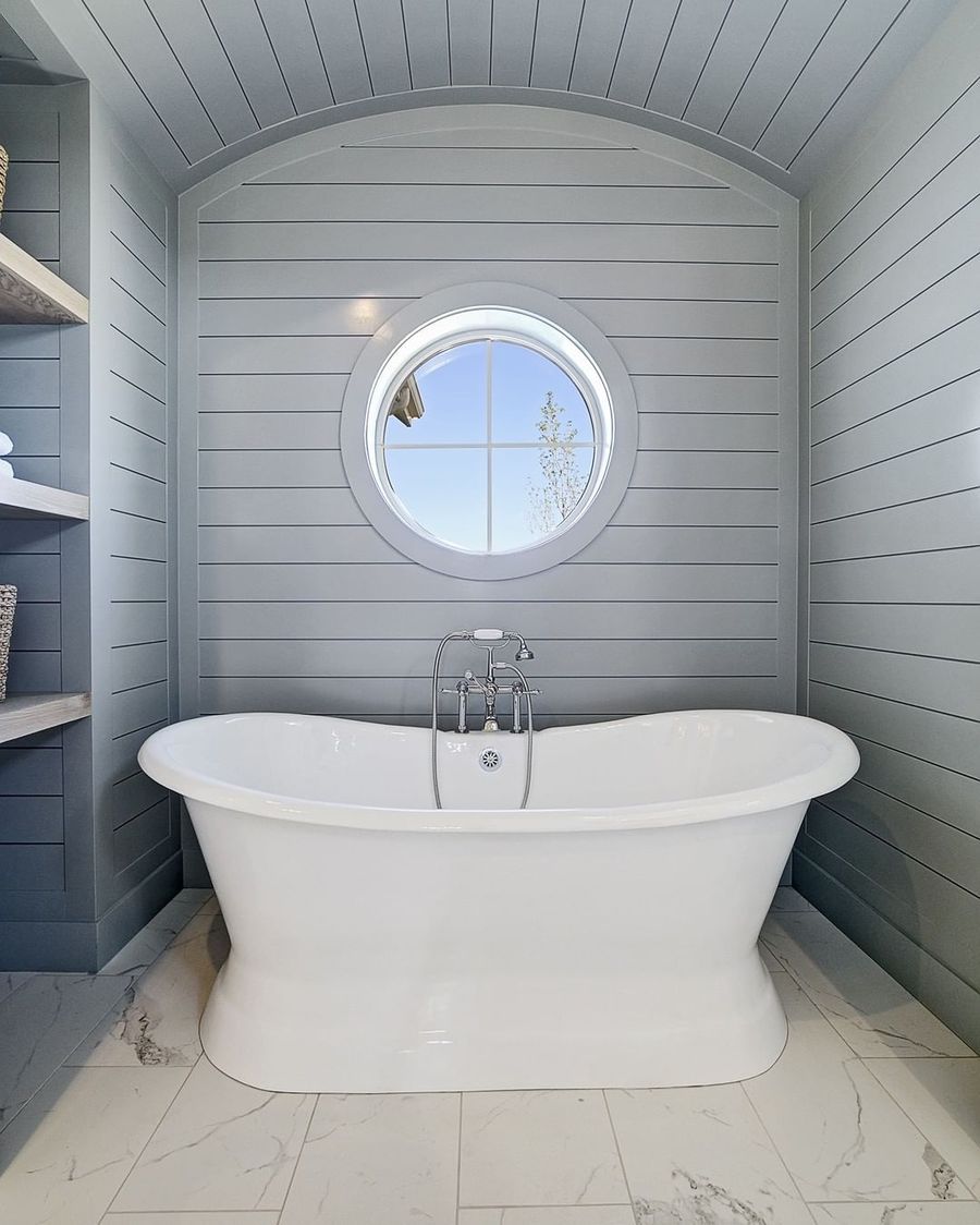 Coastal Bathroom with Circular Window via @clarkandcohomes