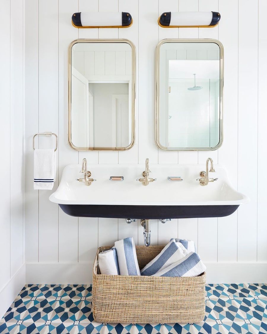 Coastal Bathroom with Double Trough Vanity via @karahebertinteriors