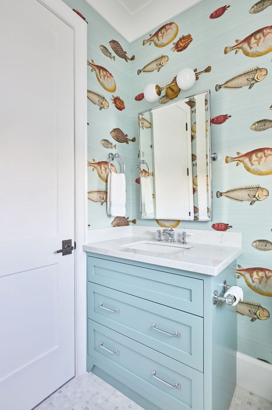 Coastal Bathroom with Fish Wallpaper via Kara Hebert Interiors
