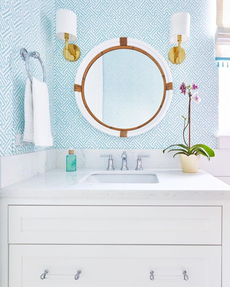 Coastal Bathroom with Nautical Round Mirror via @karahebertinteriors