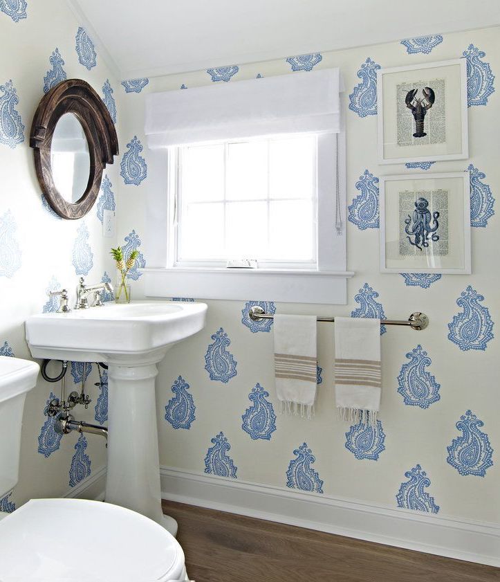 Coastal Bathroom with Octopus and Lobster Wall Art via Chango and Co