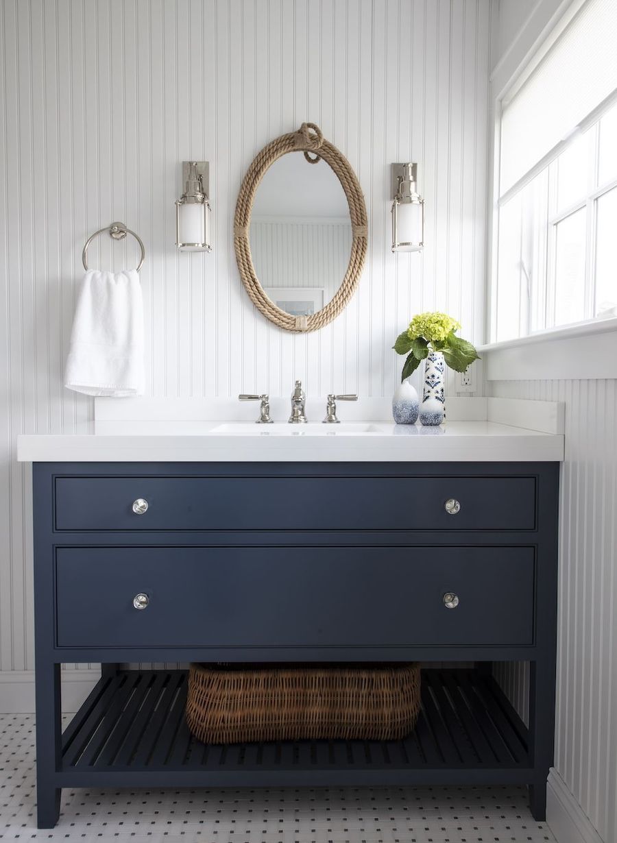 33 Modern Coastal Bathroom Ideas With Beachy Style   Coastal Bathroom With Rope Mirror Via Elements Of Style 