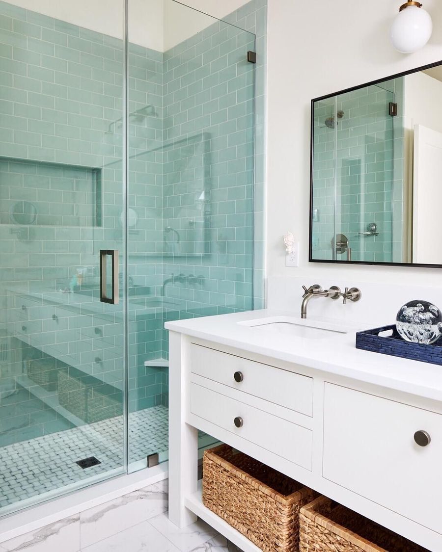 Coastal Bathroom With Sea Green Subway Tiles Via @studiomiel 