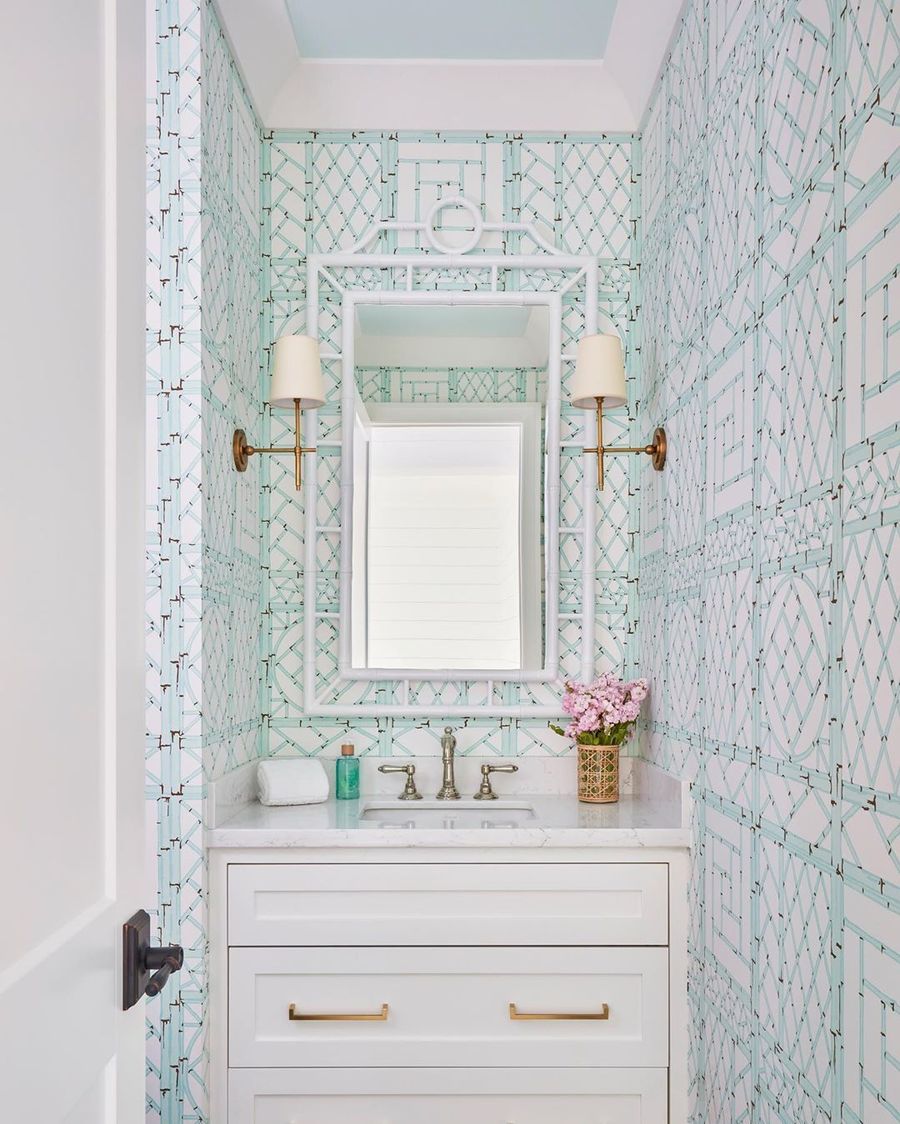 Coastal Bathroom with Sea Green Wallpaper via @karahebertinteriors