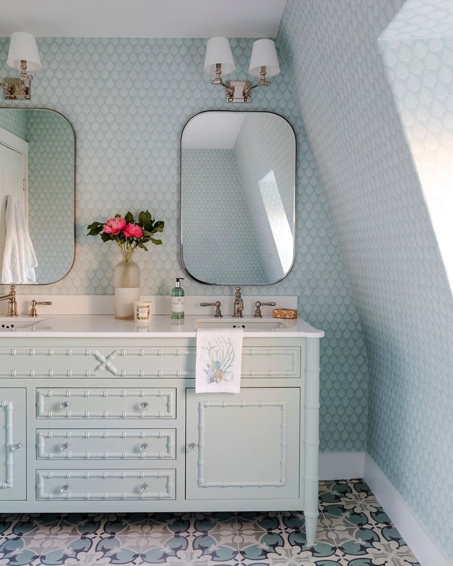Coastal Bathroom with Soft Blue Vanity via @digsdesignco