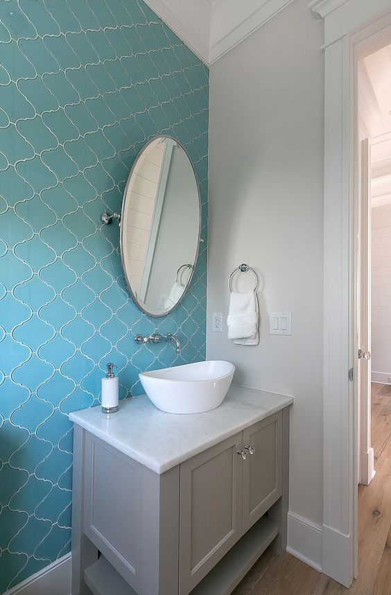 Coastal Bathroom with Turquoise Tiles on Wall