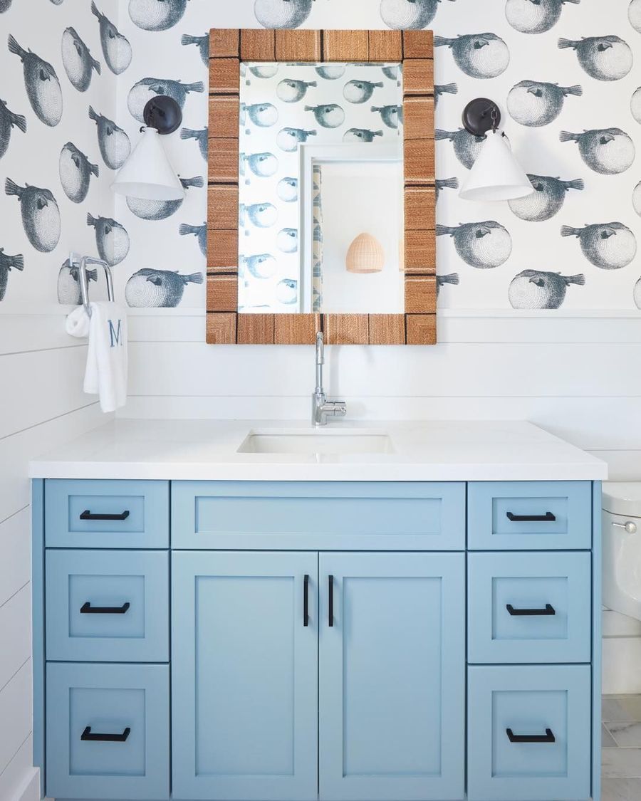 Beach Style Bathroom Cabinets Rispa   Coastal Bathroom With Whale Wallpaper Via @karahebertinteriors  