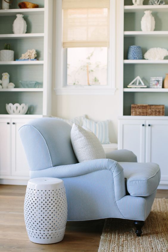 Coastal Living Room with Blue Accent Chair and White Garden Stool