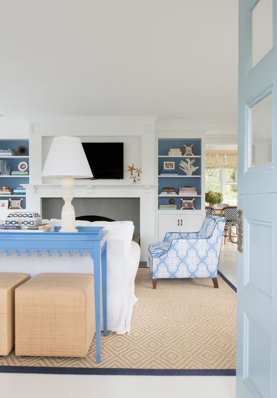 Coastal Living Room with Blue Console Table via Elena Phillips Interiors