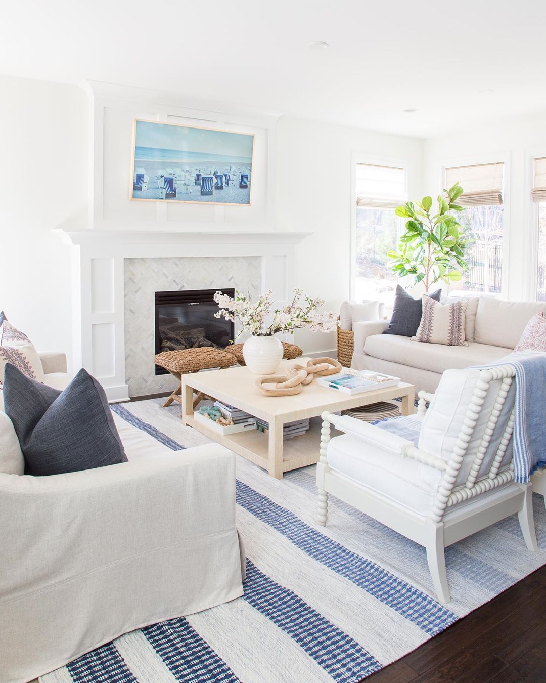 Coastal Living Room with Blue and White Striped Rug via @lifeonvirginiastreet