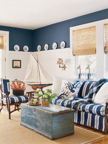 Coastal Living Room with Large Sailboat Replica in Capecod via Meredith Hutchison