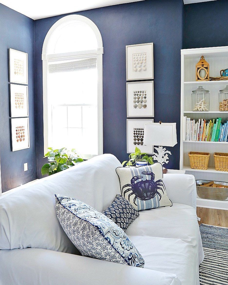 Coastal Living Room with Navy Blue Walls via @sandandsisal