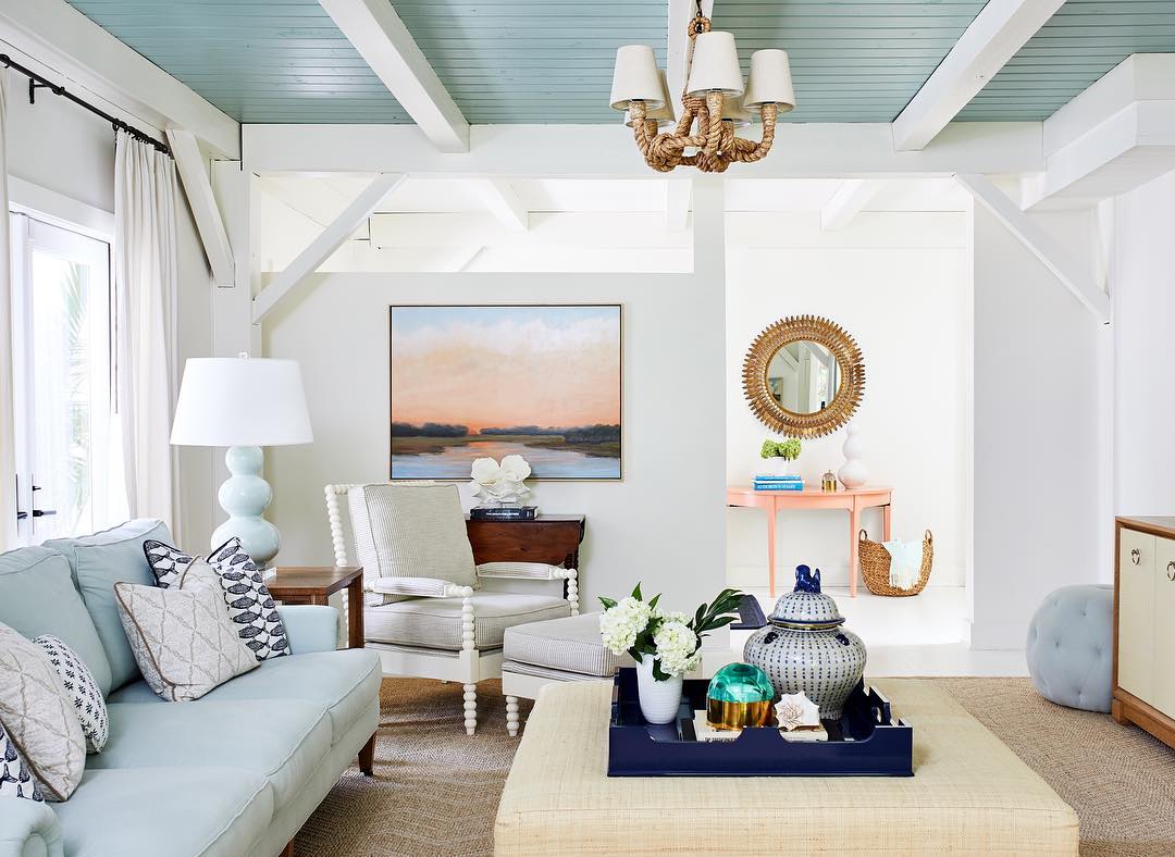 Coastal Living Room with Painted Blue Ceiling via @studiomiel