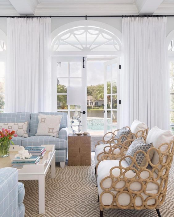 Coastal Living Room with Rattan Accent Chairs