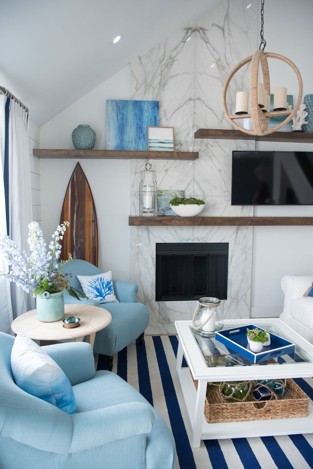 Coastal Living Room With Rope Chandelier Via Beth Lindsey Interior Design 