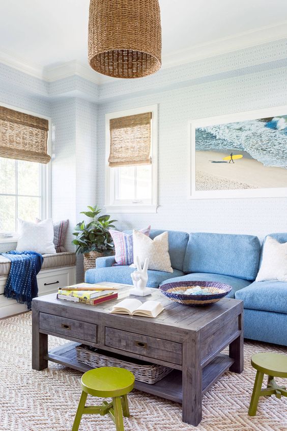 Coastal Living Room with Surfer Decor via Kate Lester Interiors