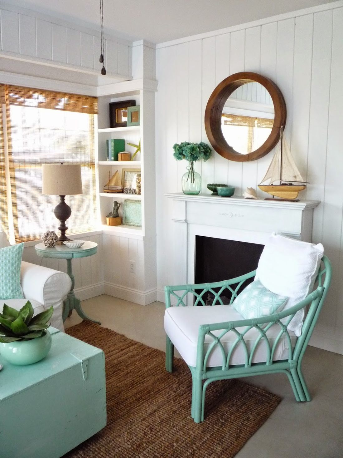 Coastal Living Room with Vintage Rattan Chairs painted in Krylon Catalina Mist via FleaMarketTrixie