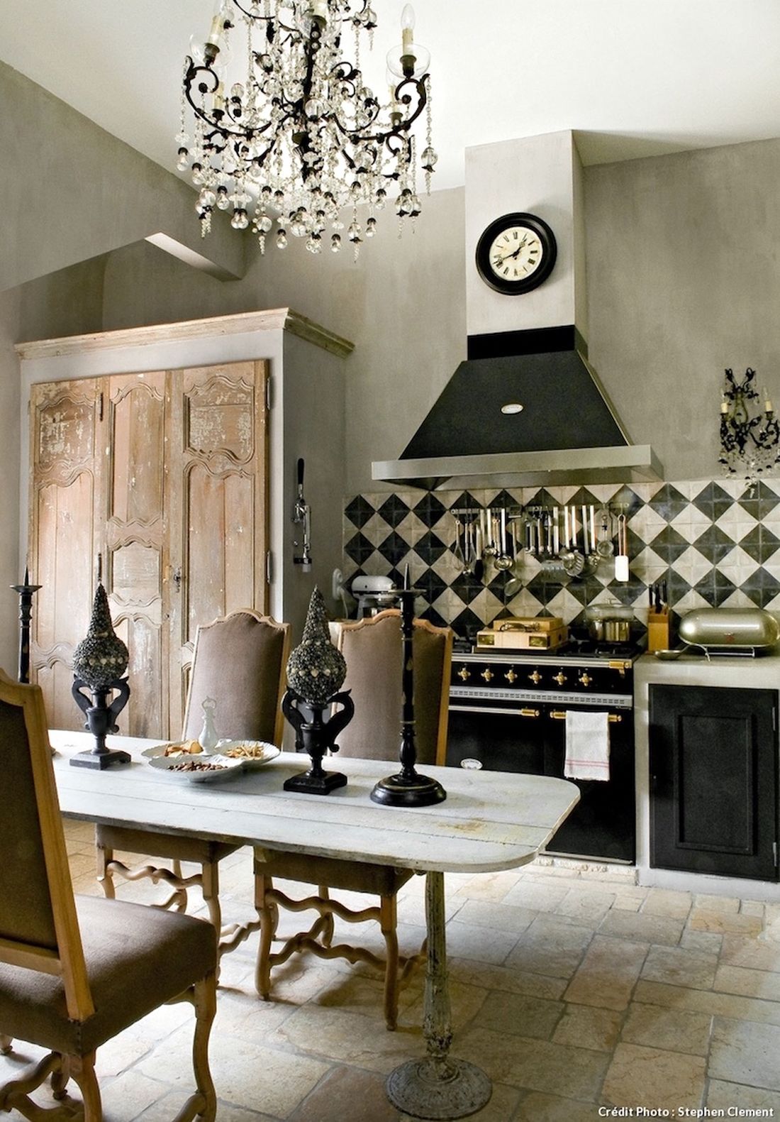 French Country Kitchen with Checkered Backsplash Tile via Maison Creative
