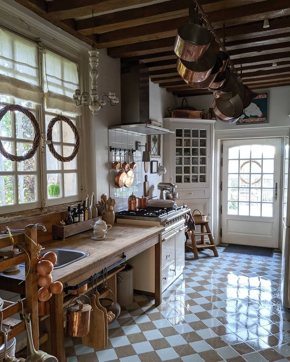 French Country Kitchen with Checkered Floor Tile via @cat_in_france