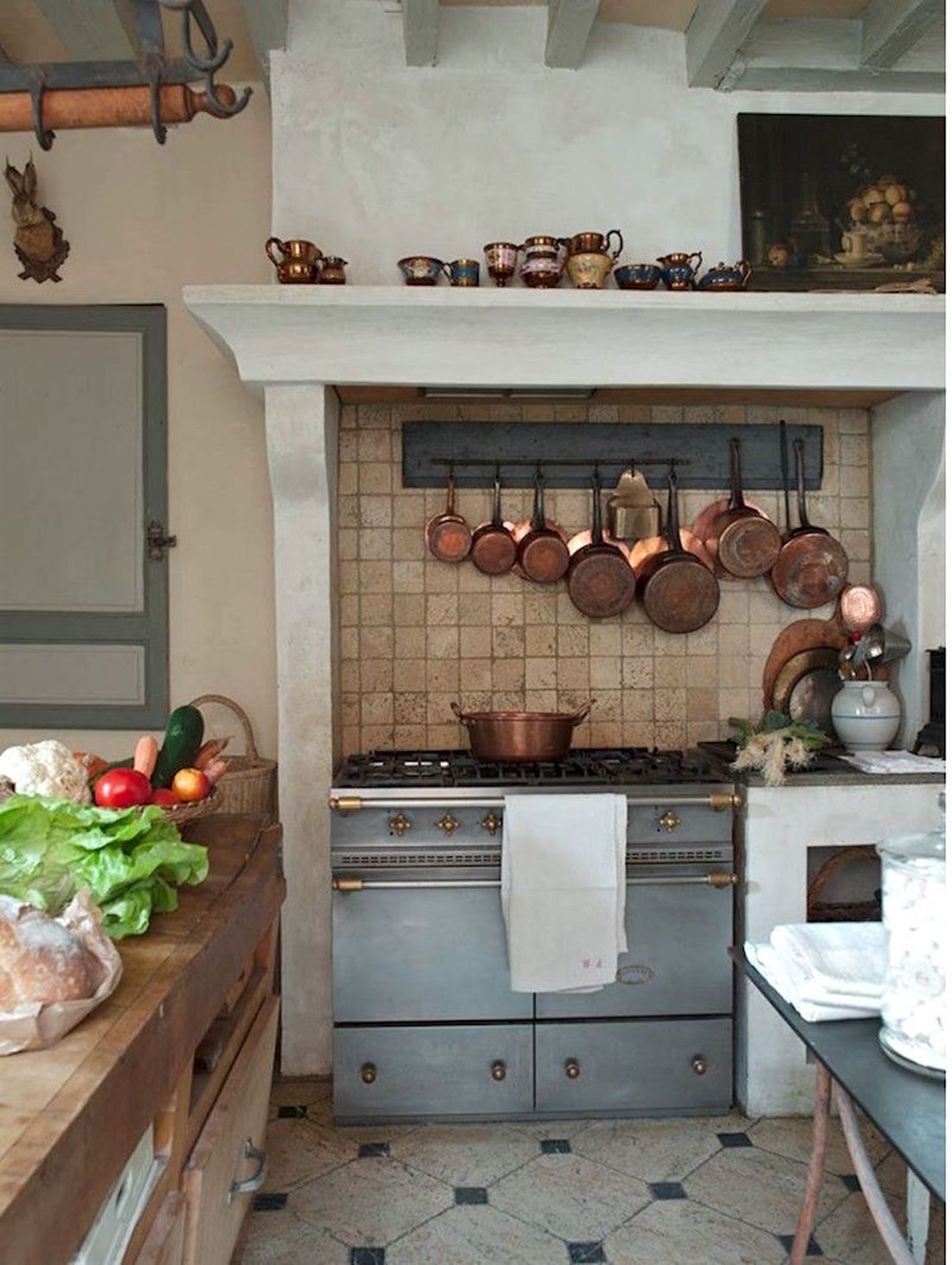 French Country Kitchen with Copper Pots