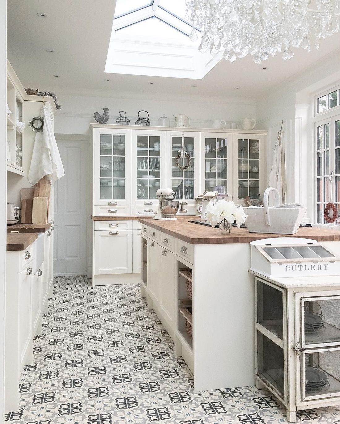 French Country Kitchen with Gray Floor Tile via @white_and_faded