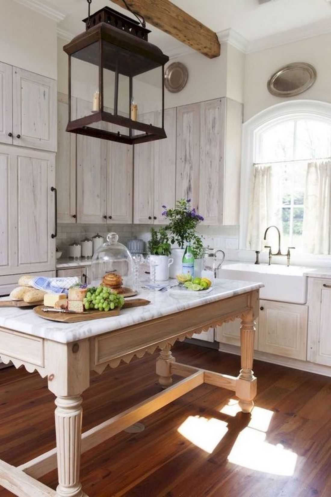 French Country Kitchen with Marble Top Wood Table Island