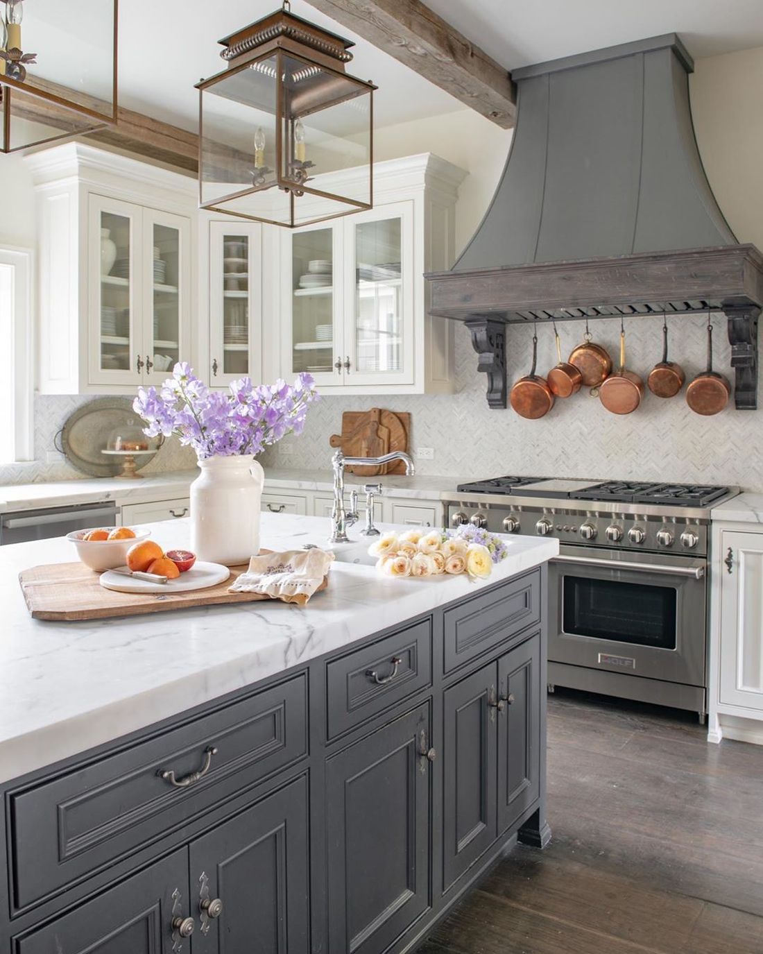 French Country Kitchen with Wood Ceiling Beams via @sanctuaryhomedecor