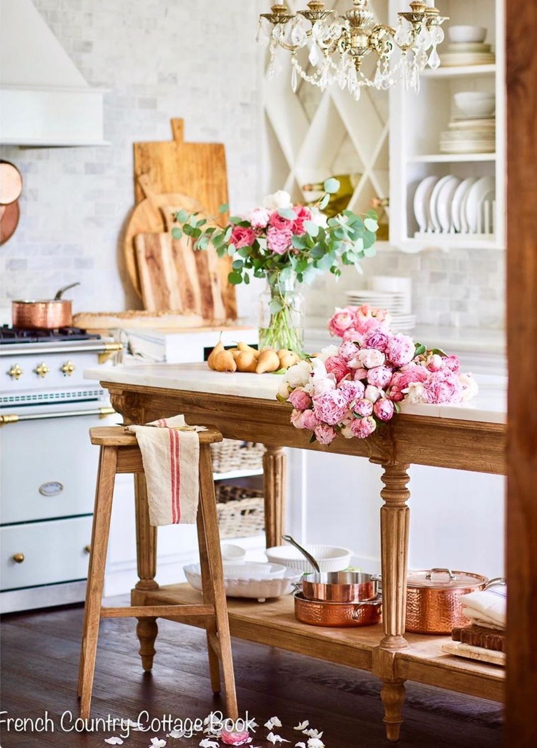 French Country Kitchen with Wood and Marble French Island Table via @frenchcountrycottage
